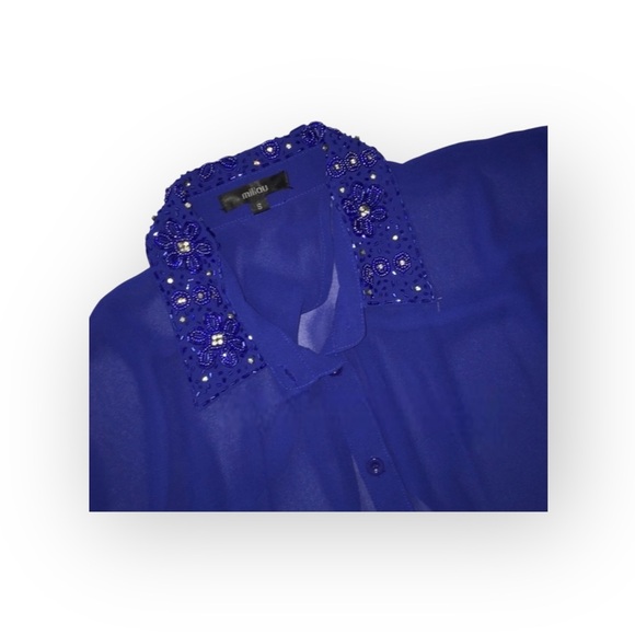 new LF Millau ༄ Sequin Collar Asymmetrical Semi Sheer BD Shirt Top ༄ Royal Navy - Picture 10 of 16